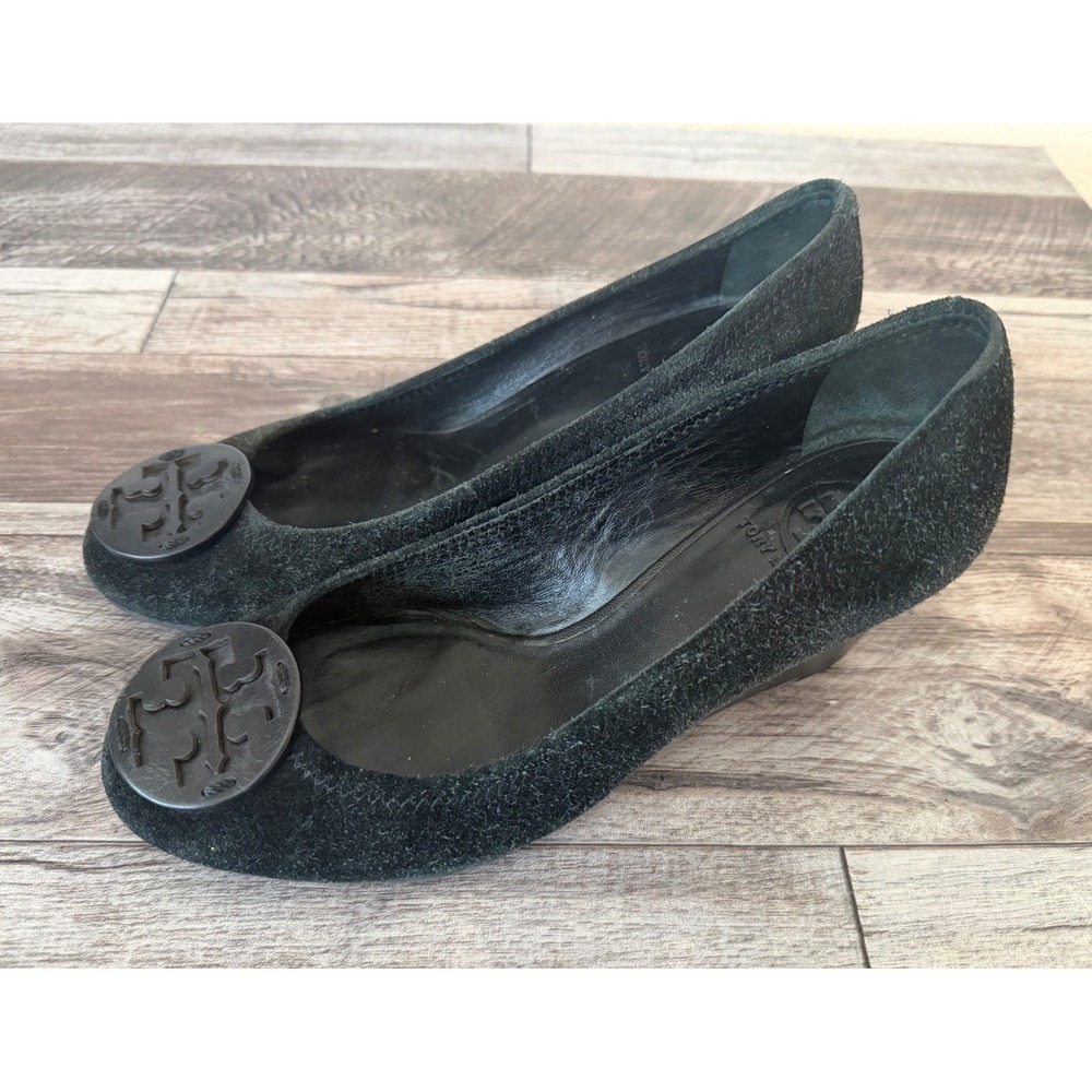 Tory Burch Sally Suede Wedge Pumps Black Round Toe Slip On Shoes Womens Size 8.5